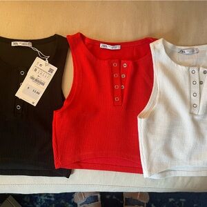 ZARA crop tops in black, red and white. Size S.